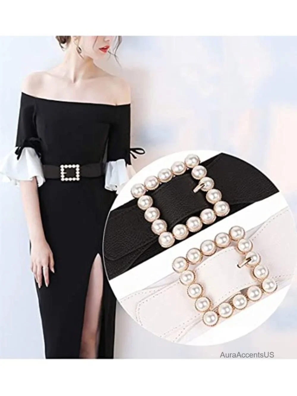 Wide Elastic Stretch Rhinestone Square Buckle Belt for Women Dresses Party